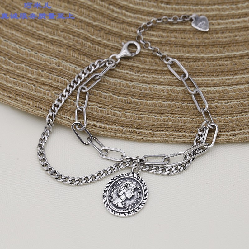 珂米儿999足银手链女女王皇冠吊坠韩国东大门幸运手链复古做旧个性