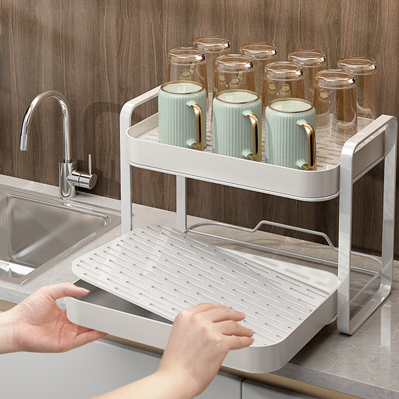 鼎珈派德国茶水杯子收纳置物架双层茶杯架茶具收纳架水杯沥水托盘家用 香槟金【一体双层】可放20个杯子