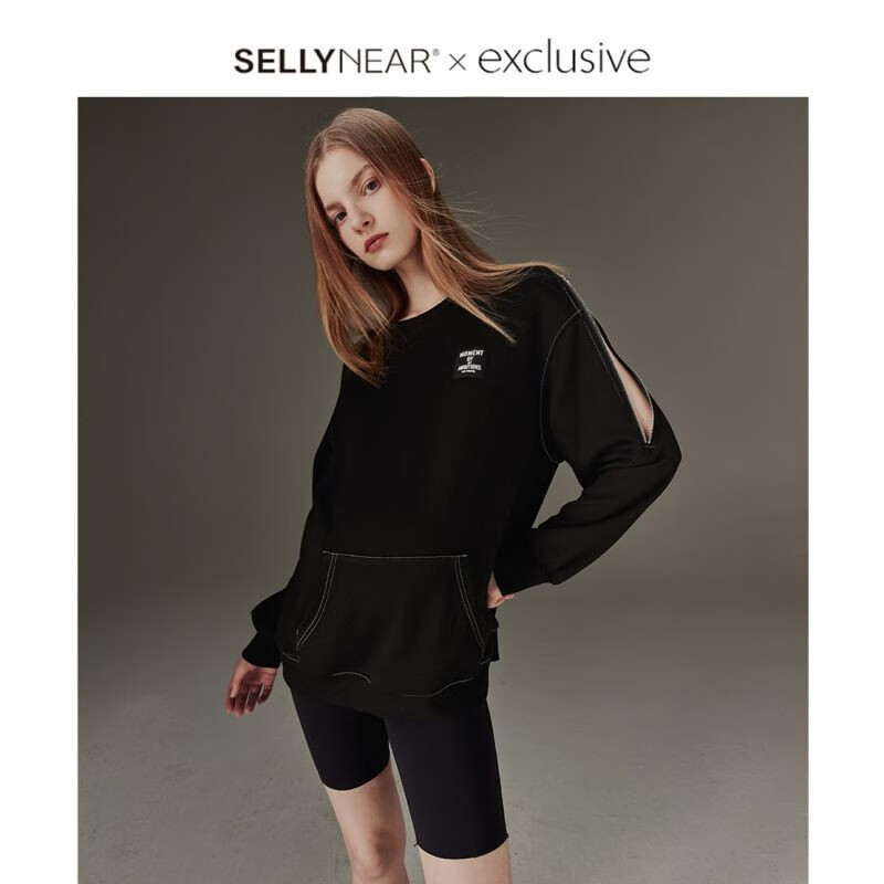 Sellynear孕妇装秋季新款卫衣套头衫露肩休闲风时尚宽松显瘦孕妈装上衣 黑色 S