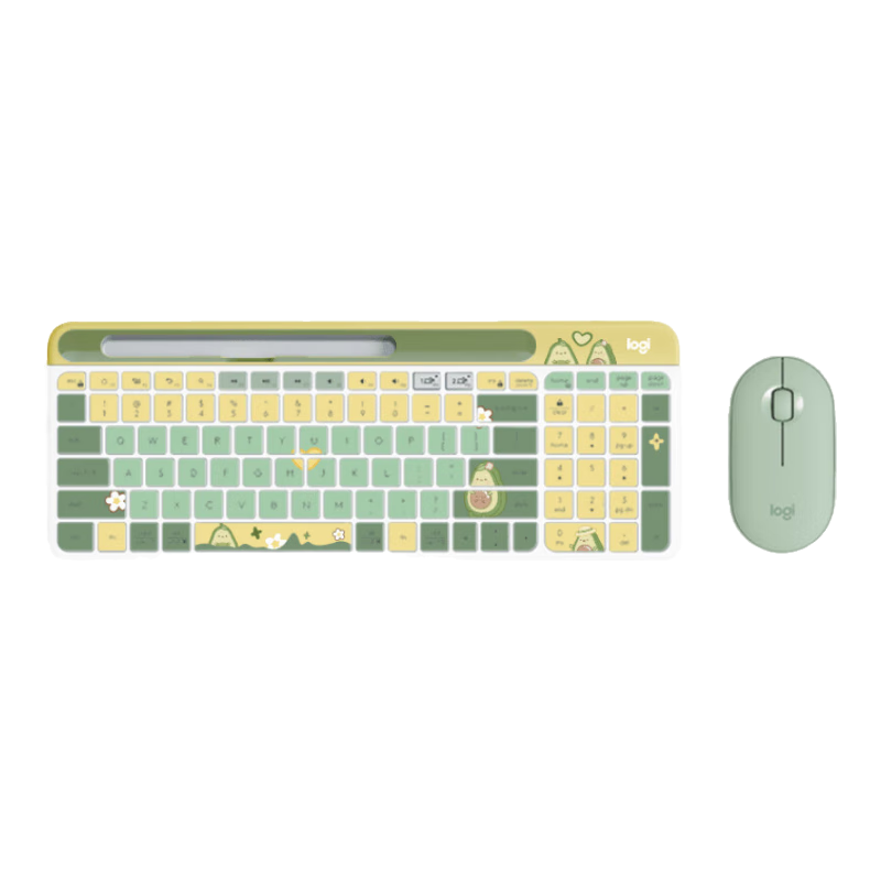 罗技 K580无线键鼠套装静音蓝牙办公键盘鼠标套装苹果笔记本平板键盘 K580键盘芍药白+Pebble绿【牛油果果套装】