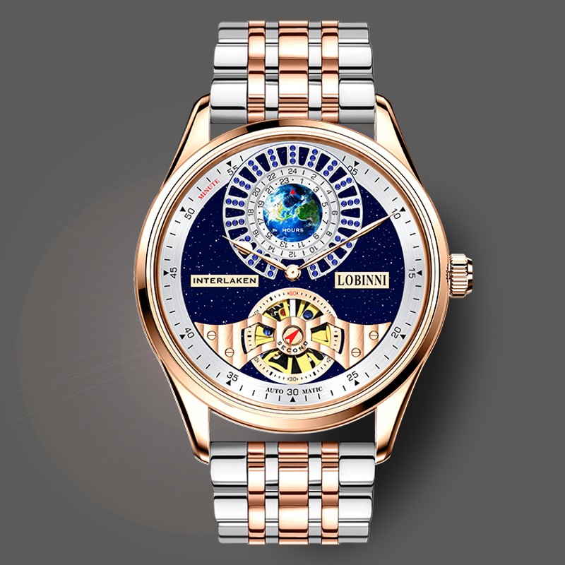 罗宾尼(lobinni)手表男全自动机械表男大表盘镂空飞轮防水皮带瑞士