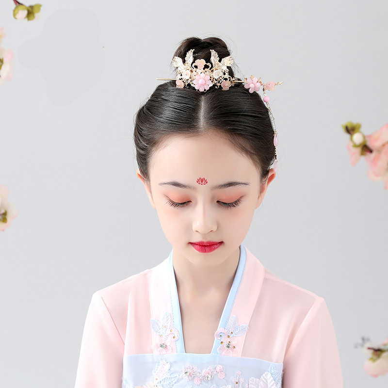 汉服头饰女童中国风凤冠步摇超仙头冠发簪公主唐装发冠演出皇冠 粉色