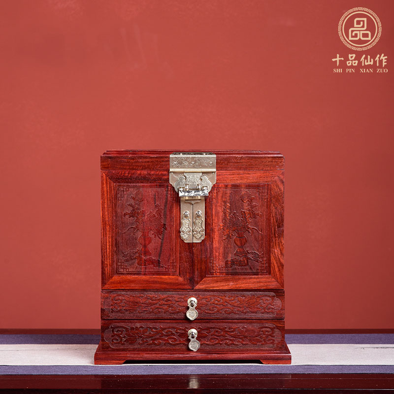 十品仙作非洲小叶紫檀全独板花鸟百宝箱红木首饰盒小叶紫檀收纳盒珠宝