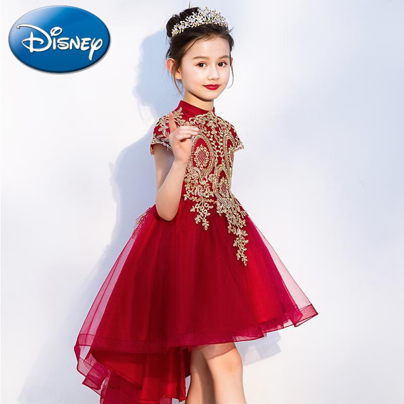 迪士尼（Disney）兒童禮服2023新款女童公主裙小女孩生日主持走秀鋼琴演出晚禮服春 酒紅色前短后長(zhǎng) 140cm