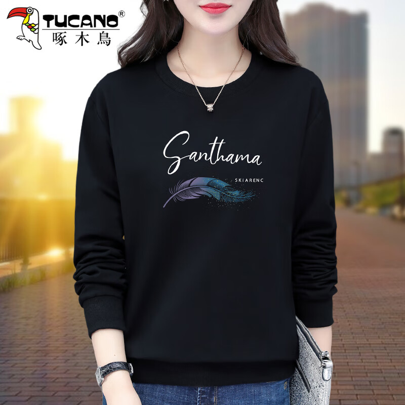 啄木鸟品牌圆领卫衣女士春秋2024新款中年女装灰色休闲长袖加绒上衣