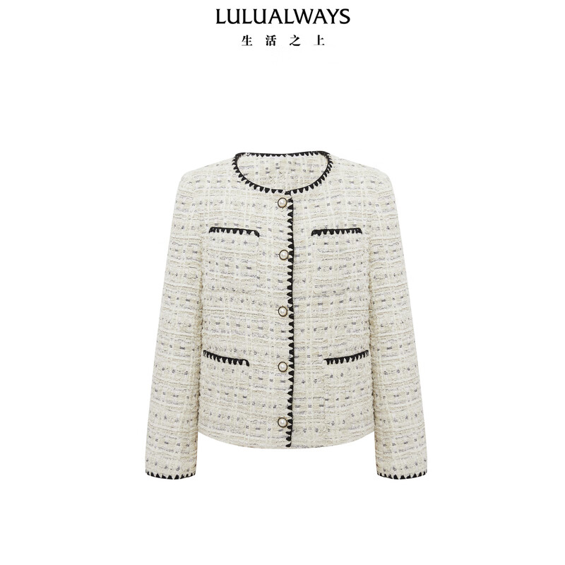 LULUALWAYS我爱露露24冬季新款简约通勤百搭小香风圆领短款外套女 米色 S