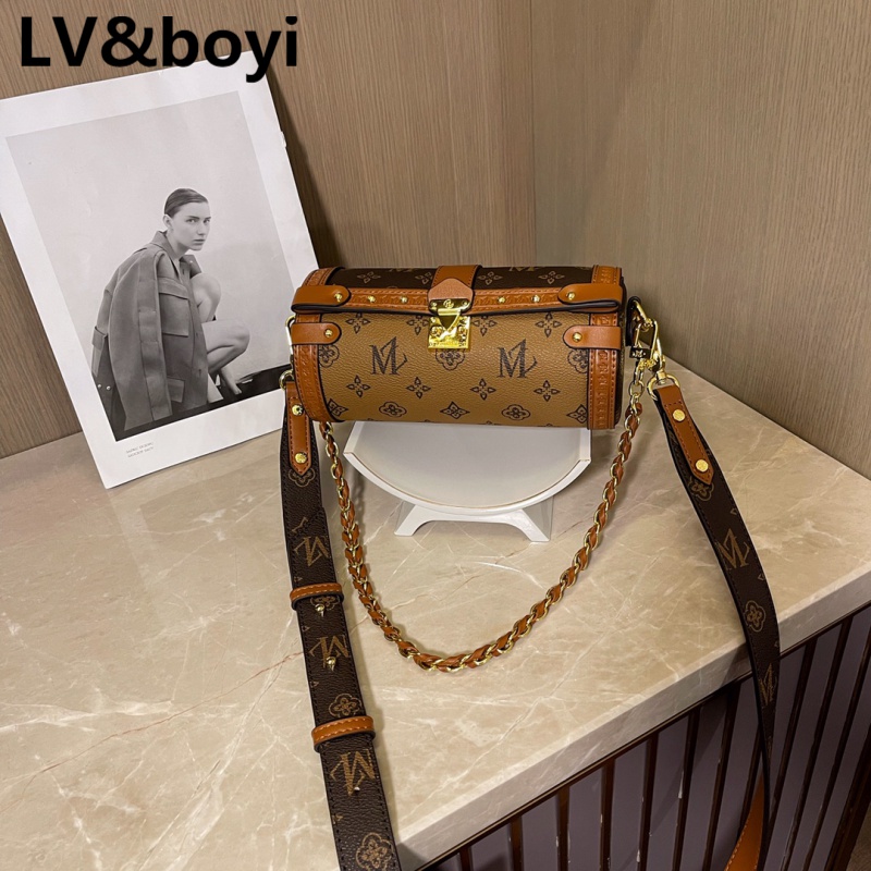 lvboyi包包女包2023新款老花笔筒包链条圆筒包单肩斜挎枕头包 咖黄拼