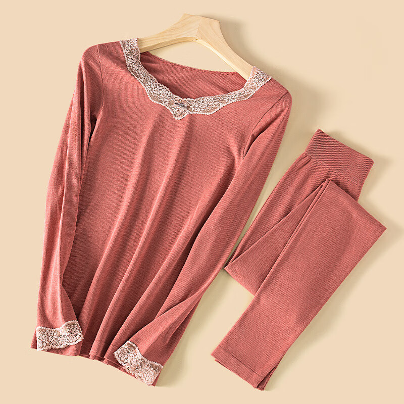 佧森滋秋冬新款德绒保暖内衣女V领蕾丝绵羊毛修身秋衣秋裤套装 釉红 均码【80-135斤】