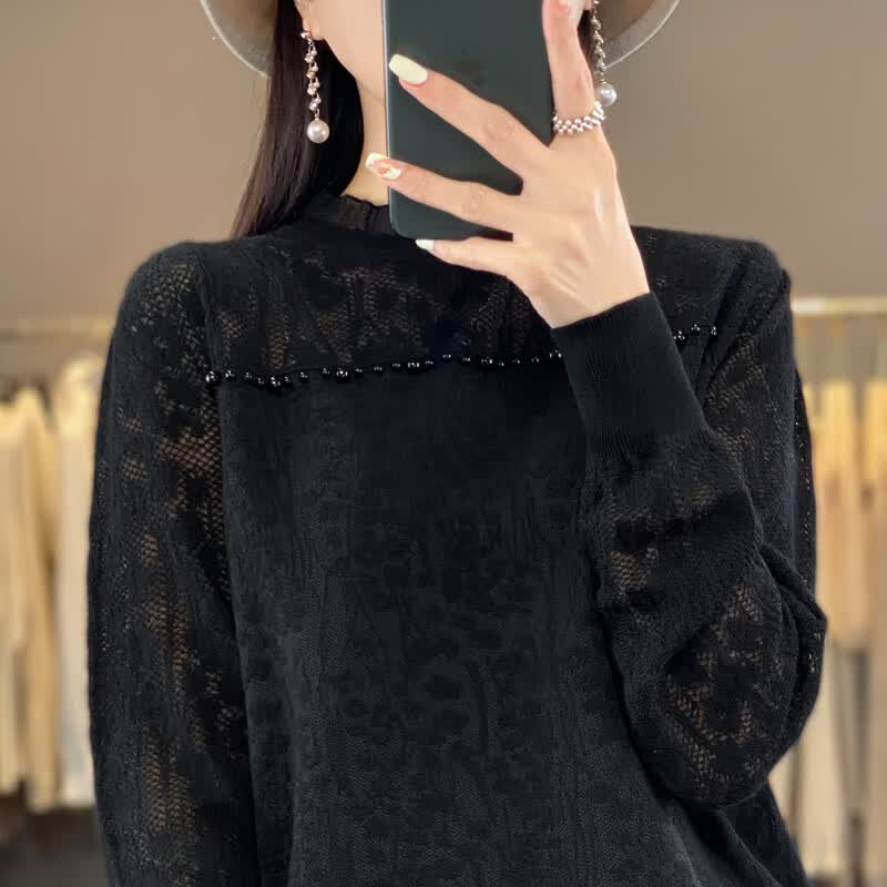 香影芬蕾丝打底衫女春秋2025新款洋气内搭显瘦长袖针织衫女钉珠上衣毛衣 米色 M (建议95-105斤)