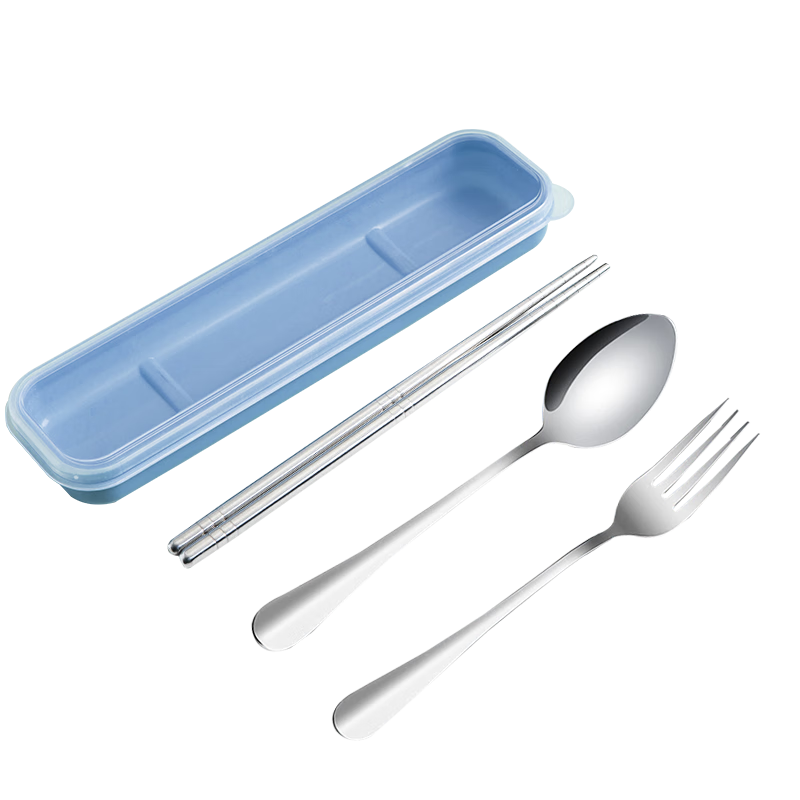 拾画 时尚不锈钢便携餐具 筷子勺子叉子盒装餐具四件套装 蓝色款SH-6361