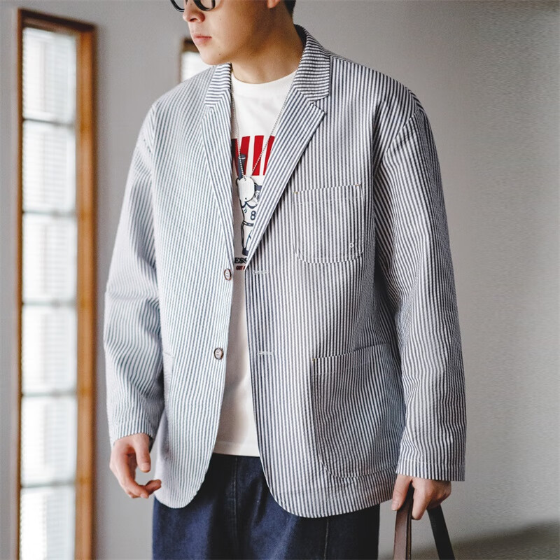 马登工装 泡泡纱条纹西装外套平驳领宽松帅气休闲时尚潮流西服男春季 灰白条纹 M