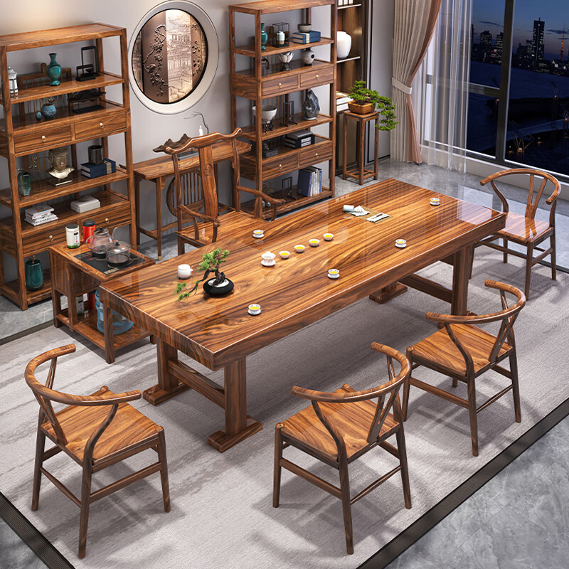 似友木业实木大板茶桌茶台椅组合中式客厅家用茶几办公室泡茶桌子 1.6米大板桌1官帽椅4Y椅