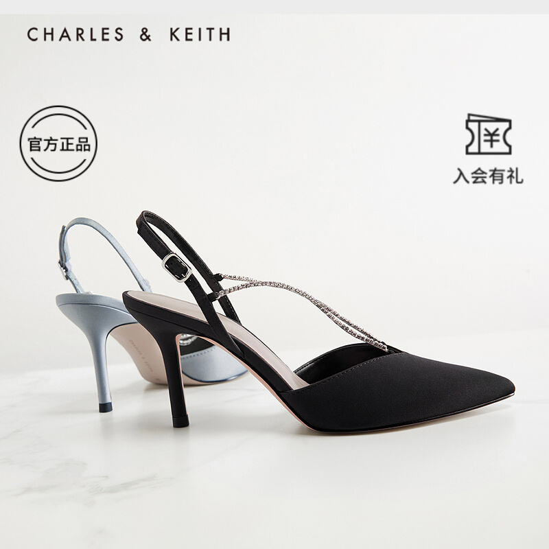 CHARLES＆KEITH2021春夏新品CK1-60280280-A女士链条尖头高跟凉鞋 Black黑色 38