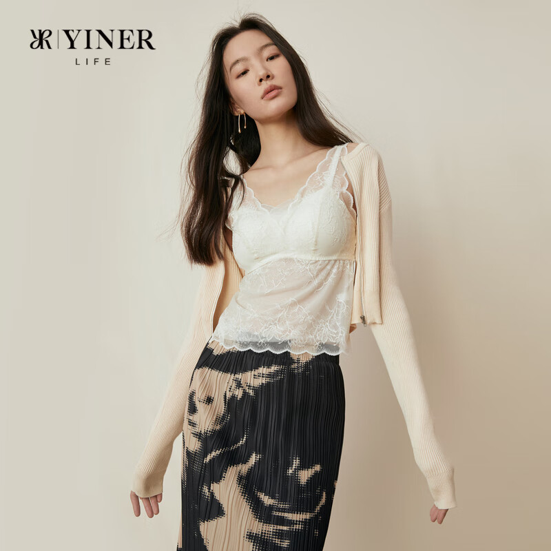 音兒（YINER）內衣【明星同款花漾輕紗】蕾絲背心美背內衣女吊帶內搭帶胸墊一體 花漾淺杏（長款） S
