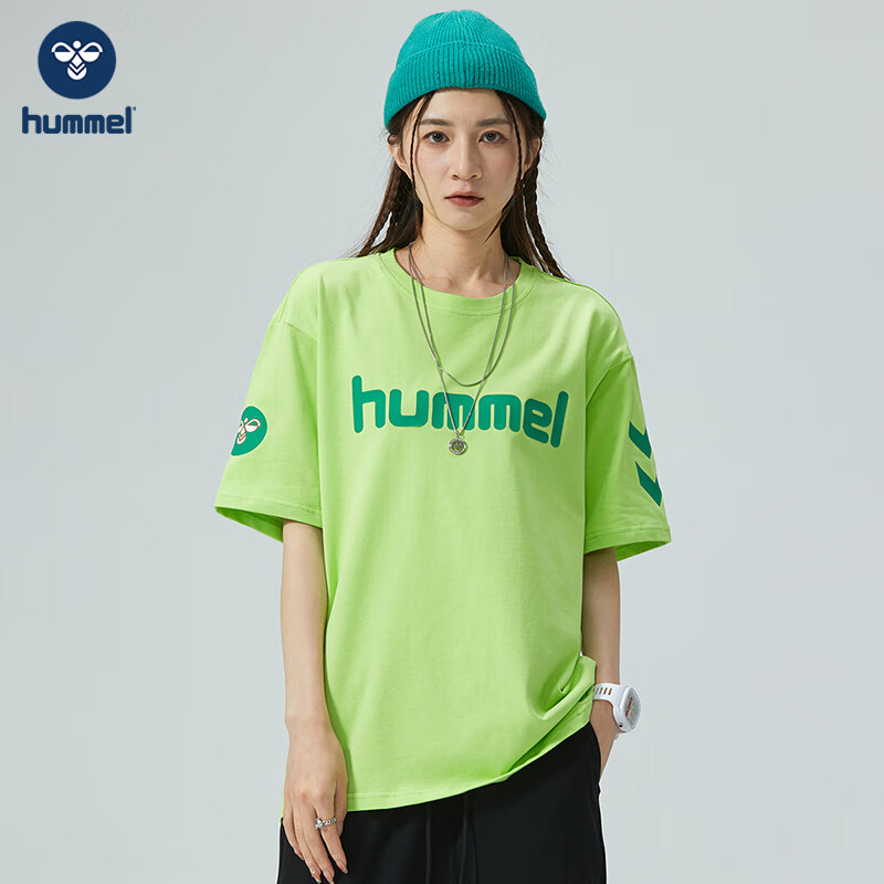 Hummel夏季純棉短袖T恤男女情侶裝五分袖衣服寬松半袖重磅潮 熒光綠 3XL
