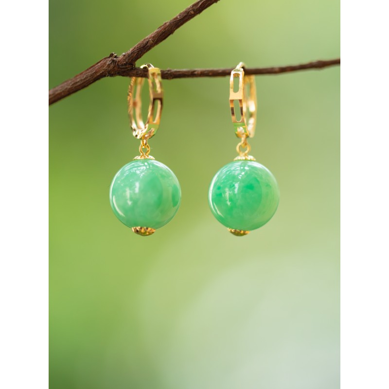 牧思 翡翠耳钉耳环女 耳坠 耳饰 圆珠子玉 18k 金 镶 嵌 简约 图片色