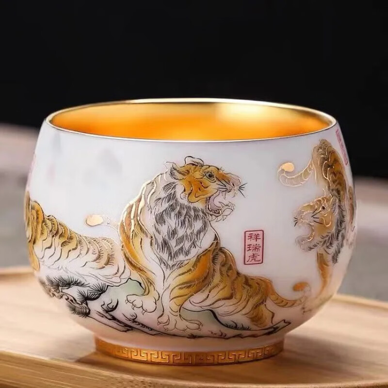 卡贝伯爵鎏金茶杯瑞鹤五牛图主人杯羊脂玉描金功夫茶具陶瓷个人金盏杯
