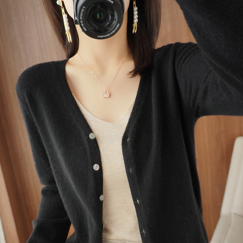 与茶(无)春秋羊毛针织开衫外套女薄款长袖毛衣外套外搭空调衫短 黑色