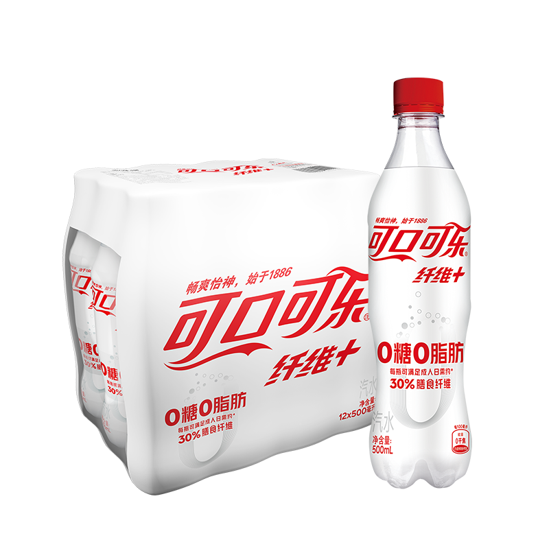 Coca-Cola 可口可乐 纤维+无糖零热量 汽水 碳酸饮料 500ml*12瓶 新老包装随机发货