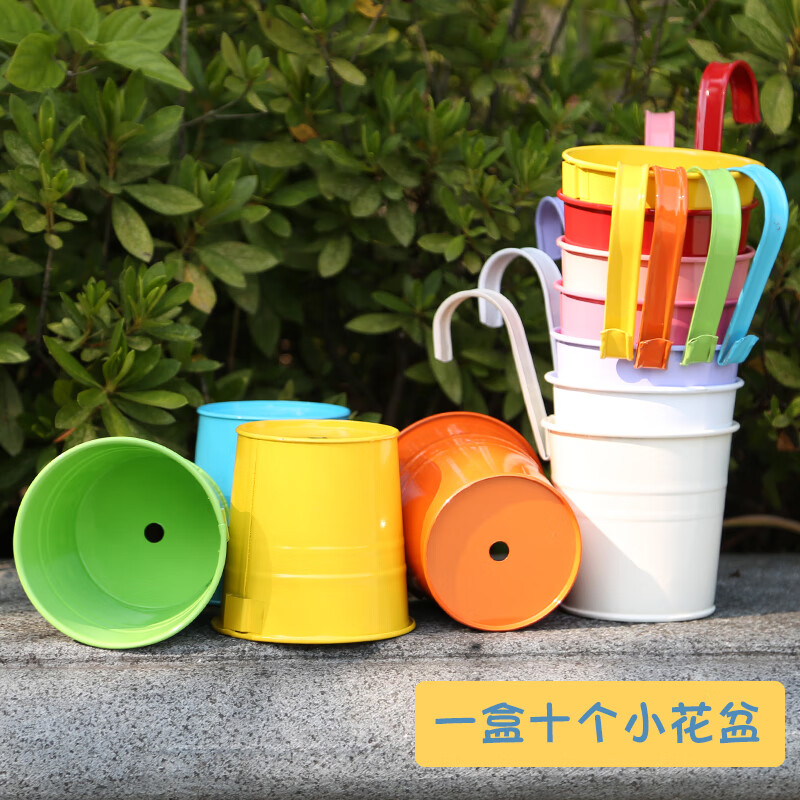 墨薰槿糖果色铁皮挂钩桶铁花盆阳台办公桌小花桶田园风格10cm吊挂盆10