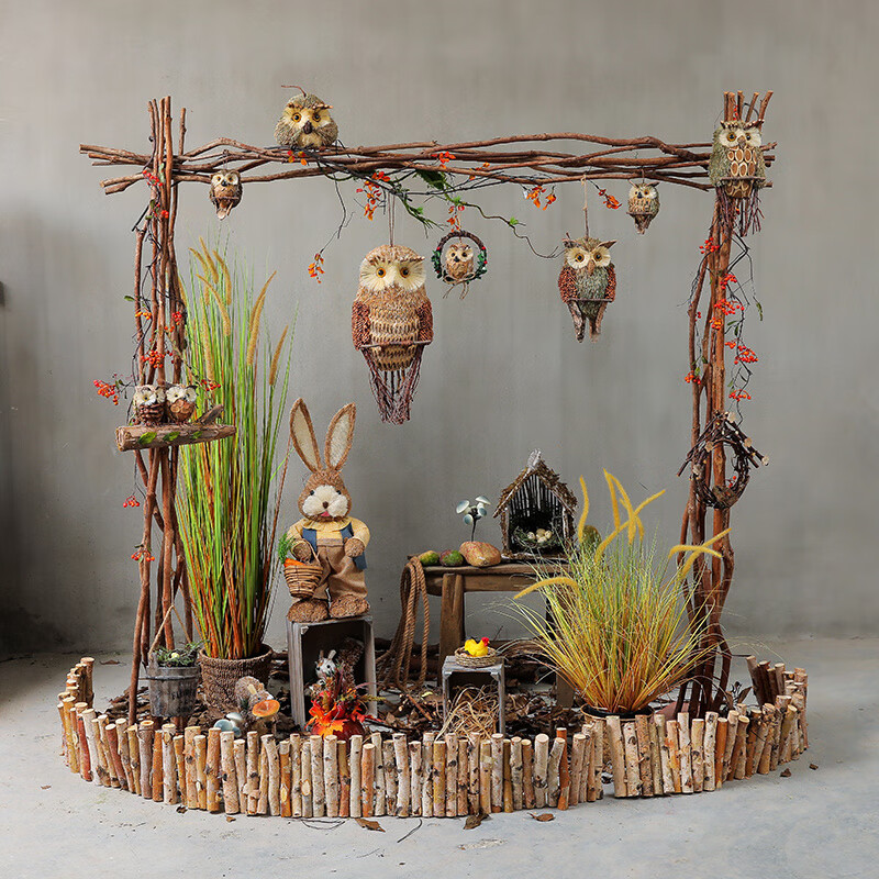 妙普乐草编掛件 猫头鹰幼儿园空中吊饰环创微景观环境布置材料挂件