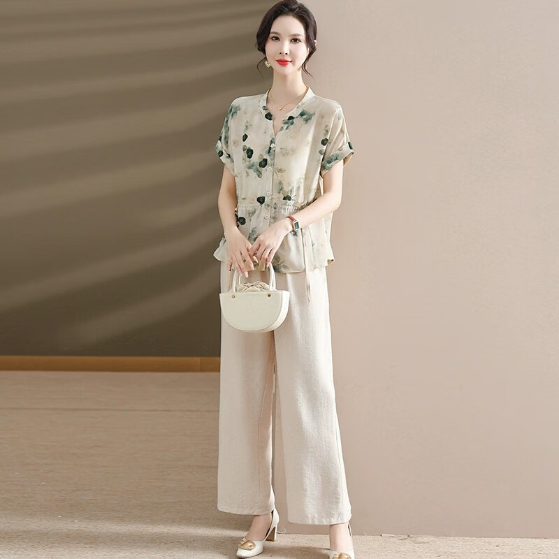 蘭鉑麗斯中年媽媽洋氣雪紡套裝夏季小衫婆婆顯年輕上衣時(shí)尚短袖襯衫兩件套 淺綠色+米色褲子 3XL （建議120-135斤）