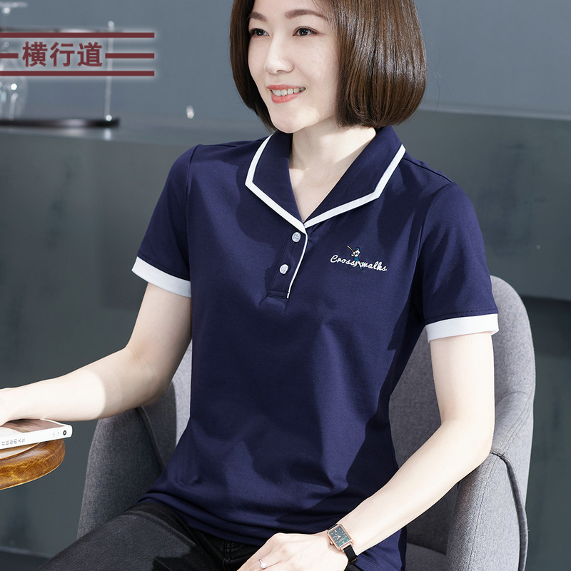 翻领字母刺绣花短袖t恤白色打底衫纯色女t恤工装上衣夏装半袖 白色 xl