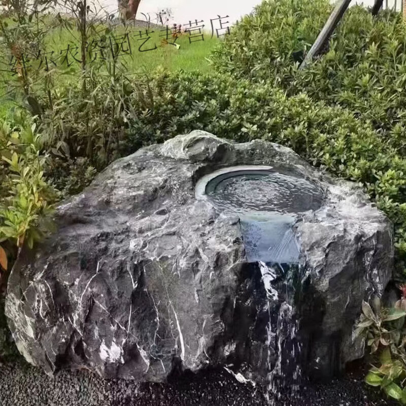 立始日式庭院黑山石水钵流水户外水池别墅花园青石黑山石水槽石盆造景