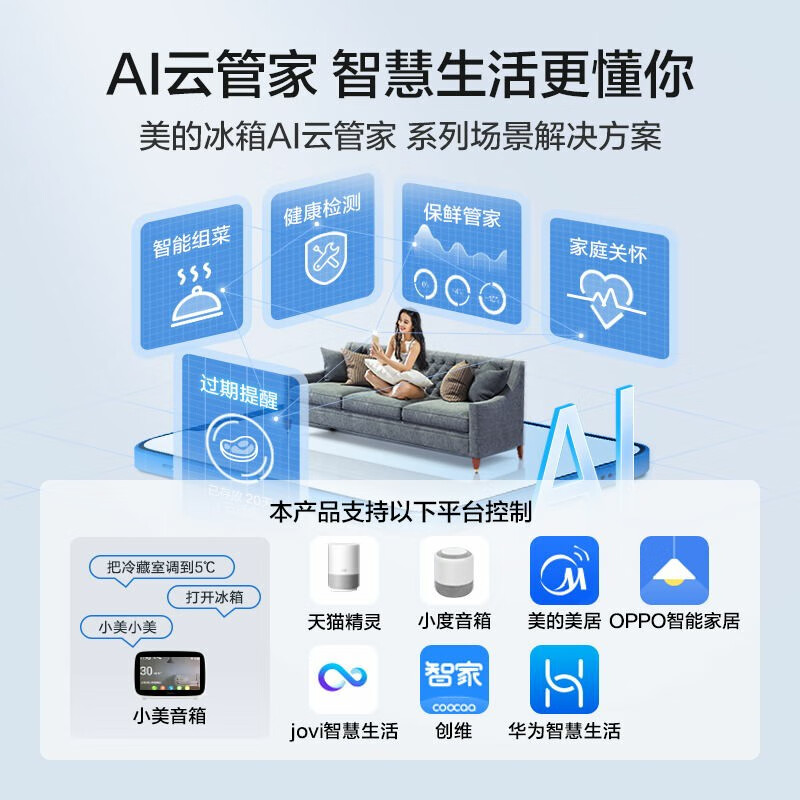 美的(Midea)慧鲜系列523升变频一级能效十字双开门家用冰箱智能家电风冷无霜BCD-523WSPZM(E)温湿精控