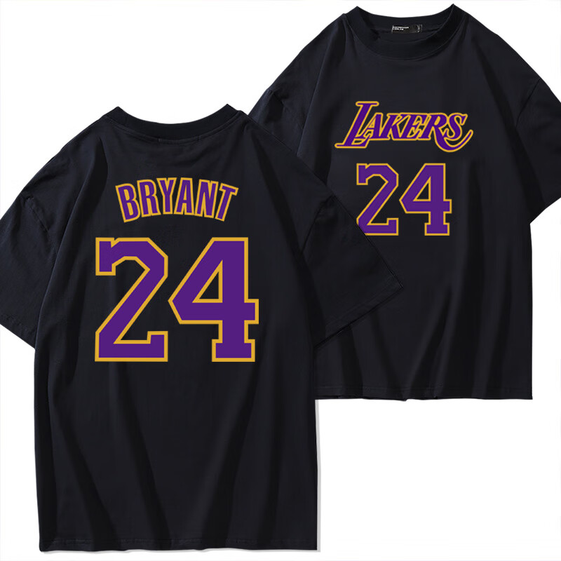 紫色24号湖人队男女宽松衣服纯棉潮牌衣服 2021湖人队科比紫色24-黑色