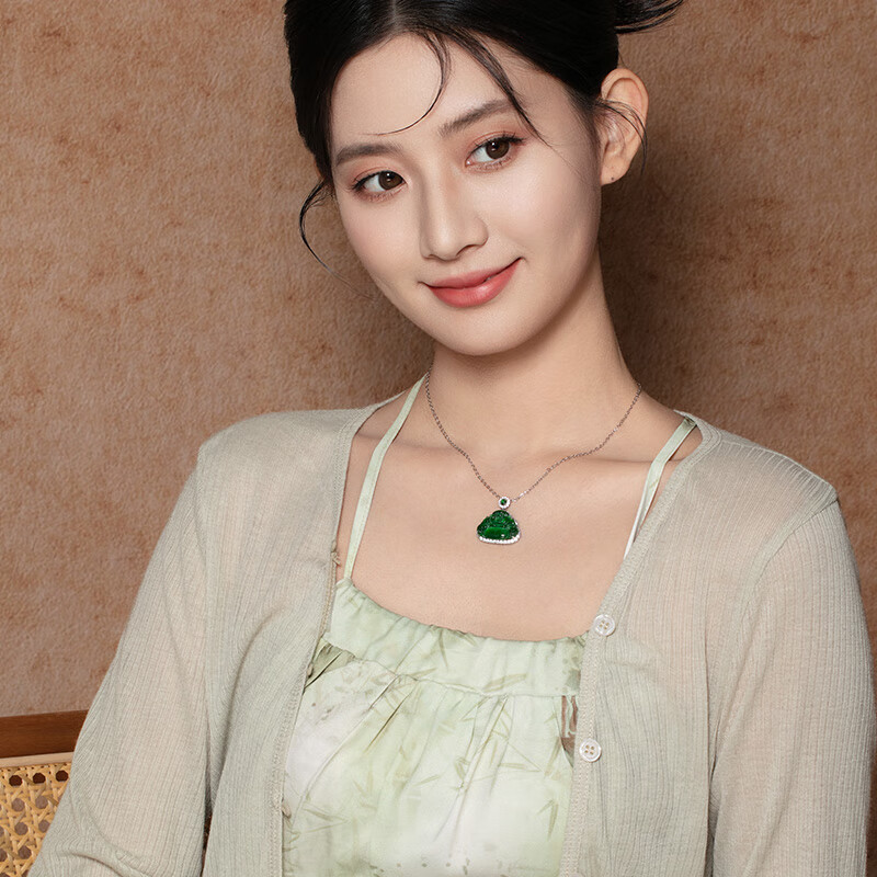 老凤祥危料翡翠弥勒佛吊坠危地马拉绿翡翠玉坠送女友老婆中秋节生日礼物 银镶翡翠吊坠+金色银链+证书