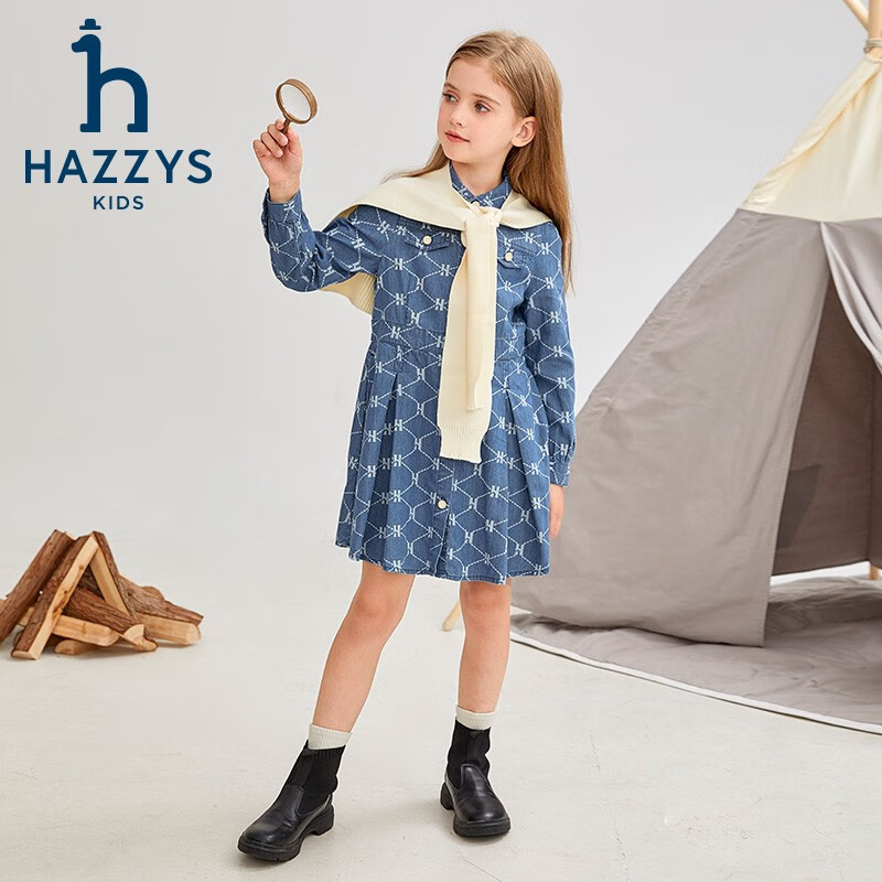 哈吉斯（HAZZYS）品牌童装女童连衣裙秋新品柔软舒适翻领简约甜美牛仔长袖裙 蓝牛仔 165
