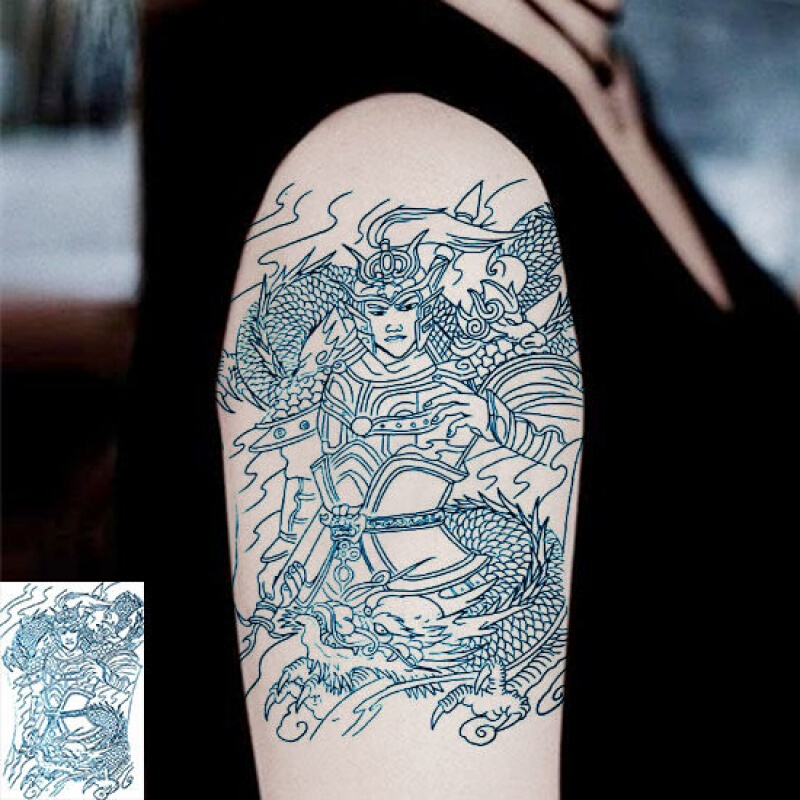 桑雀战神赵子龙 赵云 花臂纹身贴防水男 女逼真刺青图腾 割线 刺青色