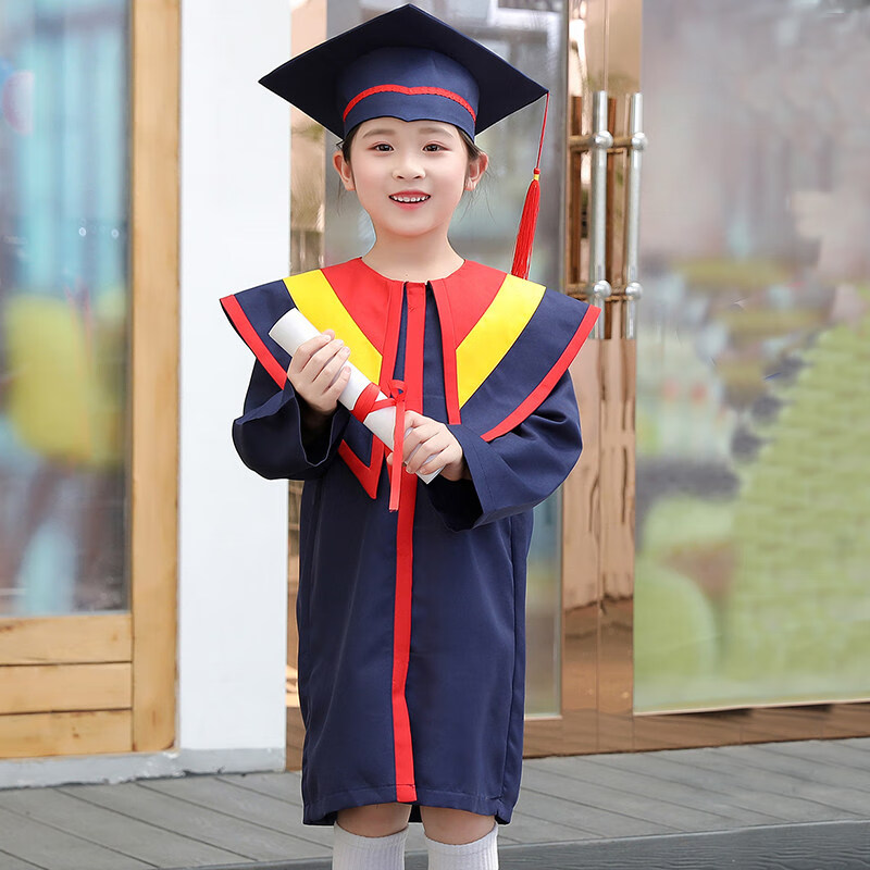 儿童博士服幼儿园学士服幼儿博士帽小学生六年级毕业礼服套装夏季 蓝黄(不带领子) 110cm