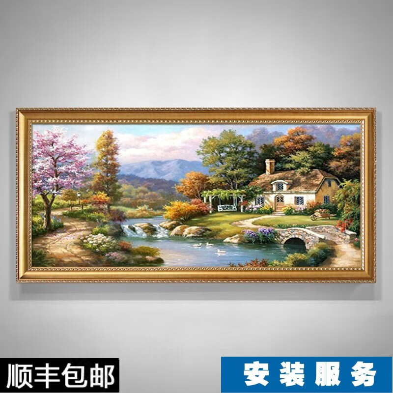 元族歐式油畫手繪客廳裝飾畫美式沙發(fā)背景墻畫壁畫掛畫山水風(fēng)景托馬 金色框 單幅+連框84X115cm