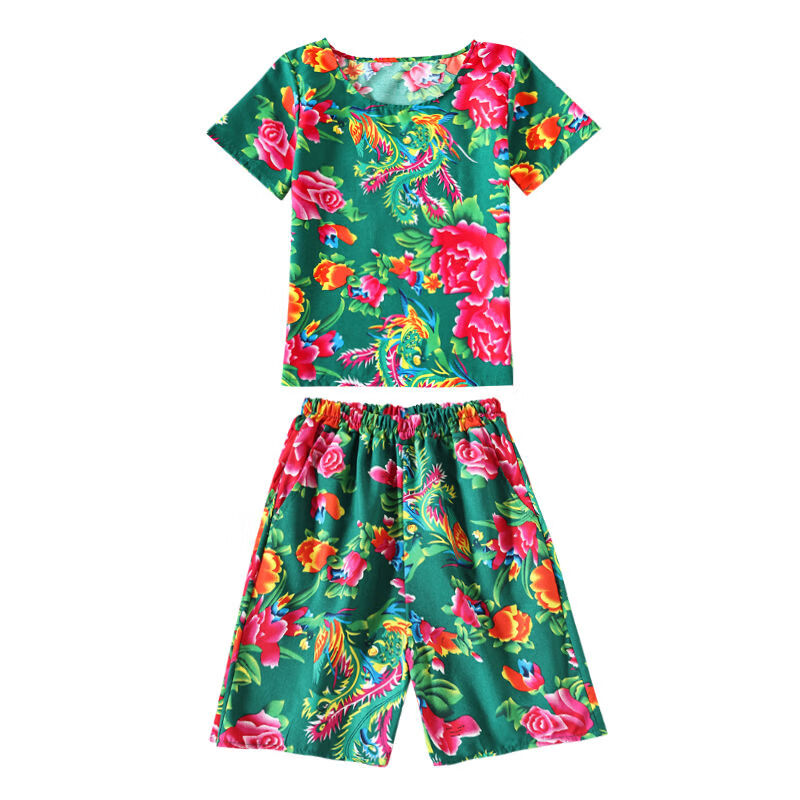 云薔東北大棉襖睡衣 大花布演出衣服夏伴娘搞笑聚會網(wǎng)紅睡表演套裝 綠色短袖+短褲 170碼166~175cm 145斤內(nèi)