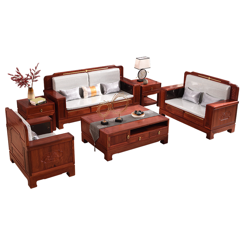木中央 红木家具 缅甸花梨 学名:大果紫檀沙发 全实木沙发客厅新中式软体沙发茶几组合储物沙发现代简约 11113十件套(4单人+三人+平几+4角几)