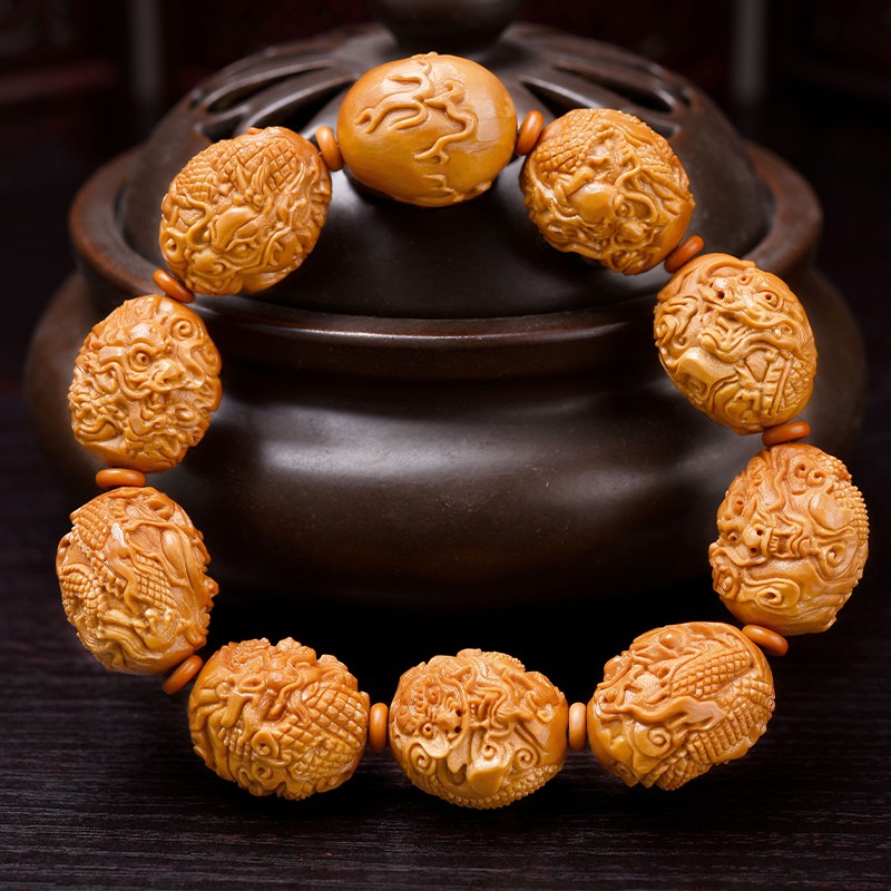 盘道 橄榄核手串 橄榄核雨辰九龙戏珠 文玩手串男橄榄核雕老油核 1