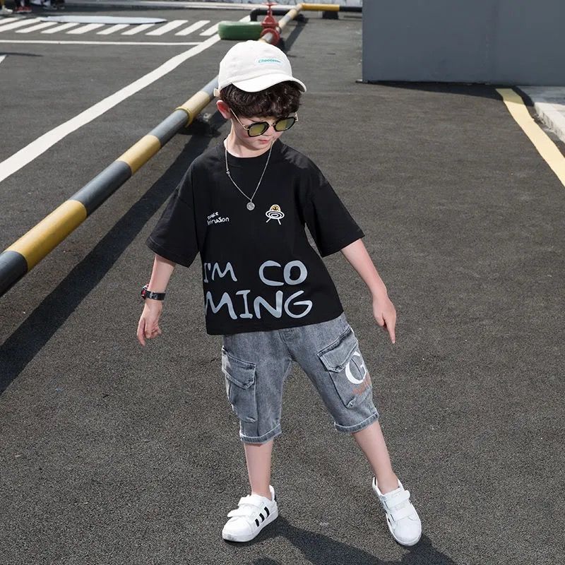 絮览男童套装夏装新款韩版儿童装帅气男孩大童夏天洋气运动两件套牛仔