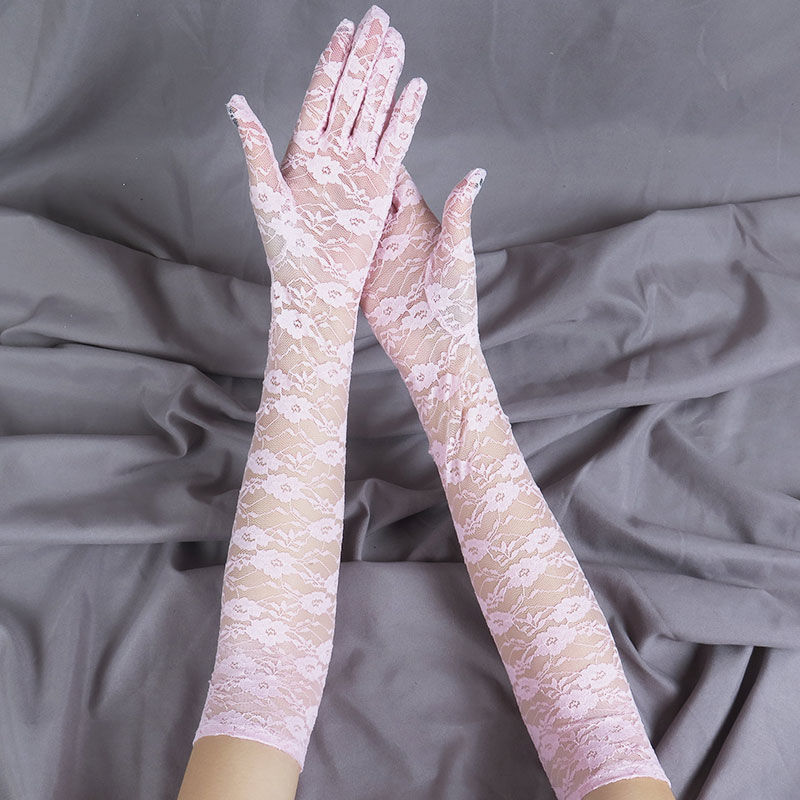 法波琪蕾丝长袖防晒手套春秋季蕾丝手套女长款薄弹力黑色性感复古网纱