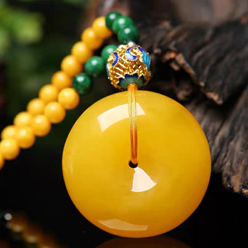 蝶灿 蜜蜡平安扣吊坠 鸡油黄原矿男女款毛衣 链琥珀雕刻件蜜蜡项 蜜