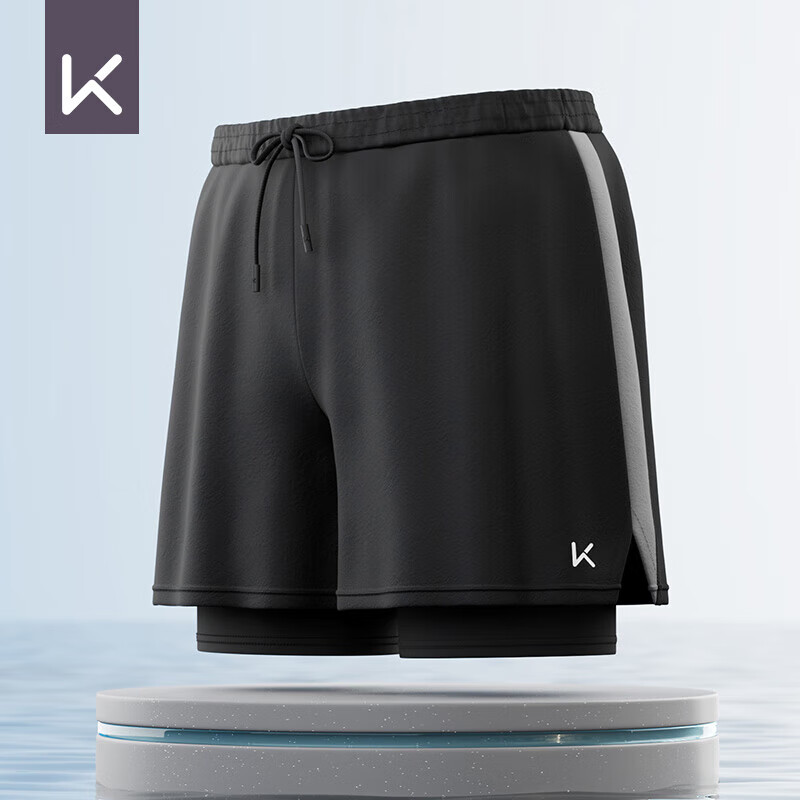 Keep泳裤男士防尴尬双层宽松游泳裤速干沙滩温泉装备 192 黑灰 XL 
