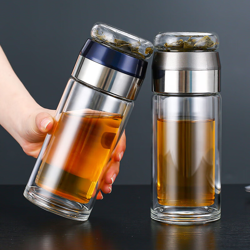 KSHK德国精工品质双层玻璃杯男士高颜值茶水分离泡茶杯子耐高温水杯 蓝色- 送杯刷360ml