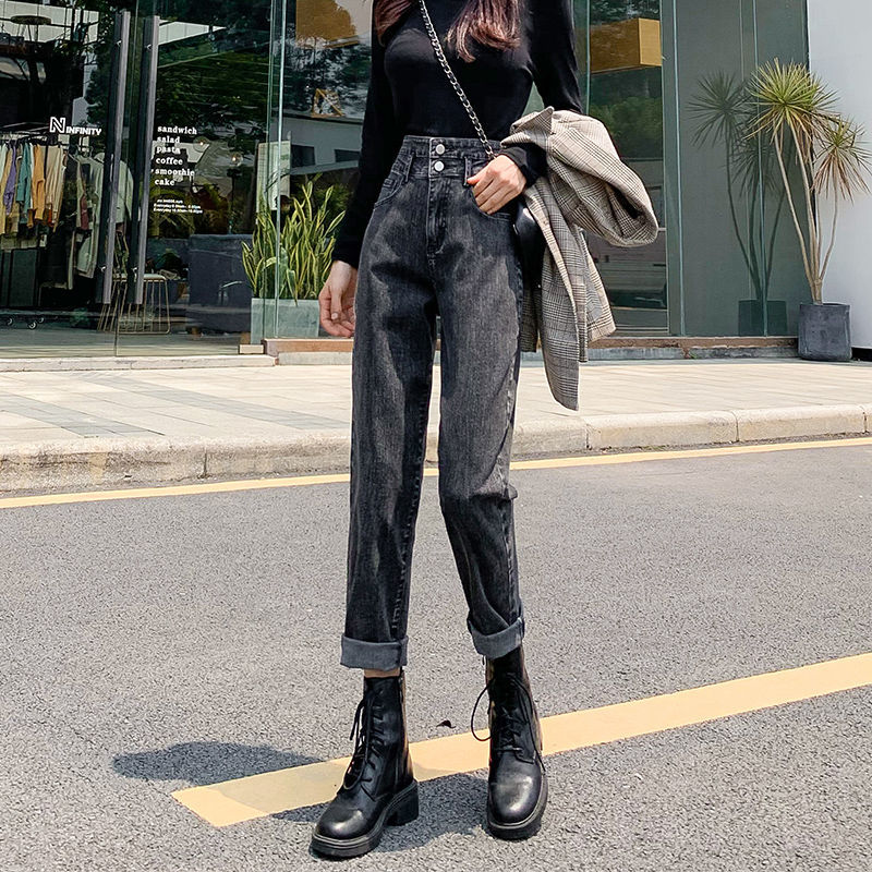 vfkz搭配马丁靴的裤子女老爹牛仔裤宽松直筒高腰萝卜秋季2023 烟灰色