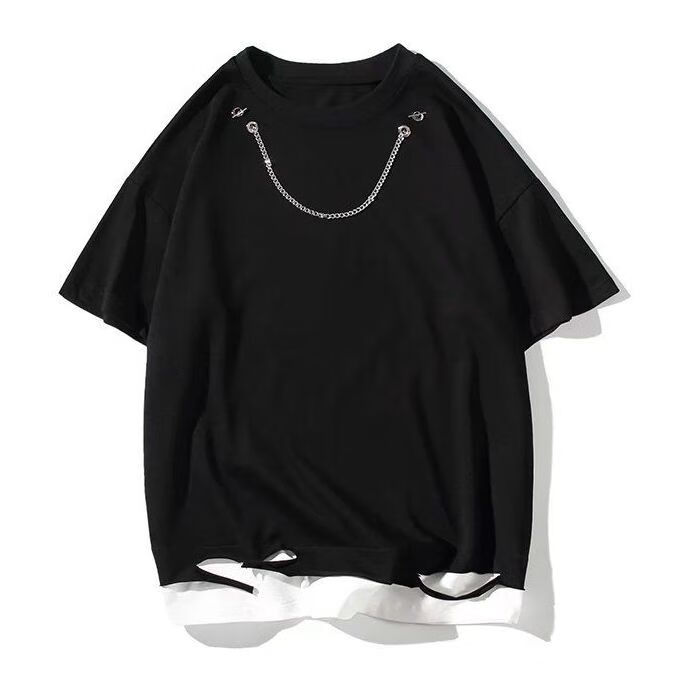 茜立里下摆破烂衣服上有链子的体恤带项链t恤男港风破洞假两件短袖t恤