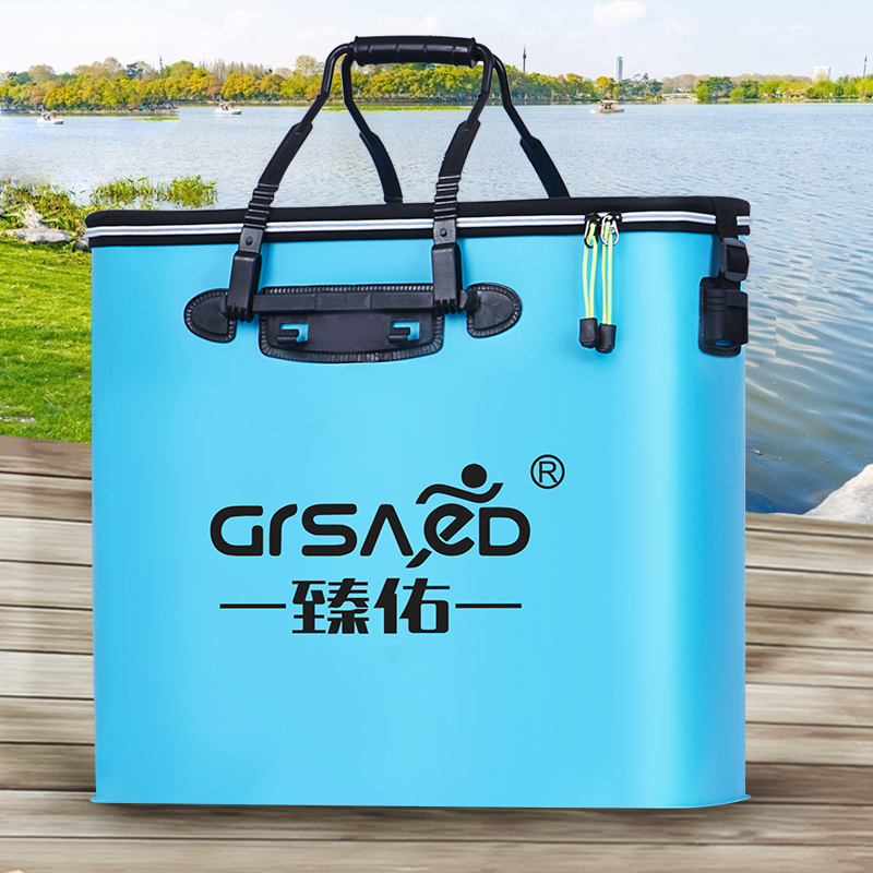 护桶eva加厚鱼桶钓箱多功能折叠渔具包装鱼桶水桶活鱼桶蓝色48cm