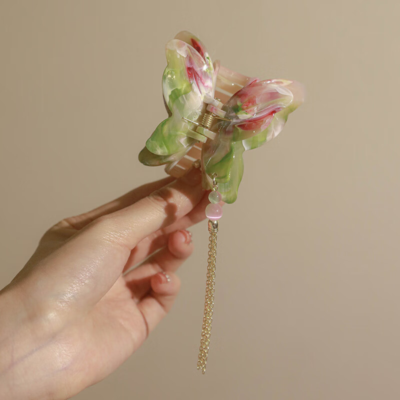 色蝴蝶流苏抓夹高级感发夹女后脑勺鲨鱼夹发饰 1#晕染粉蝶 葫芦吊坠
