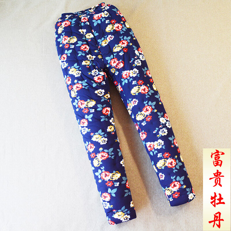棉裤女手工加厚棉花裤中老年高腰深裆成人内穿棉裤 藏青蓝 富贵牡丹 s