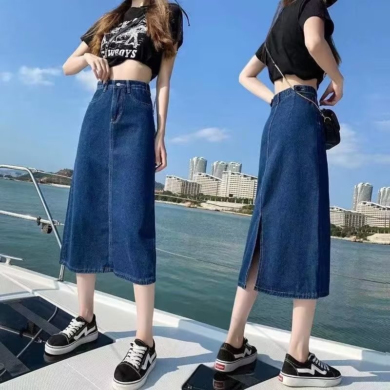 春秋新款时尚高腰中长款牛仔半身裙女a字后开叉遮胯显瘦裙子 深蓝色 s