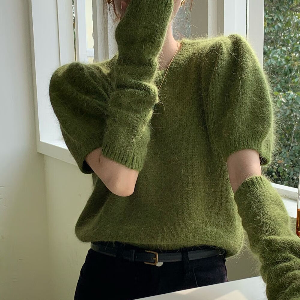 wait await露肩毛衣宽松慵懒女设计感秋冬显瘦圆领短1袖可拆卸袖套